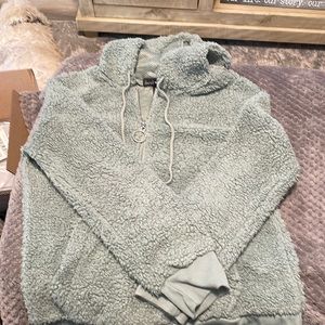 Lake green Sherpa pull over quarter zip with hood